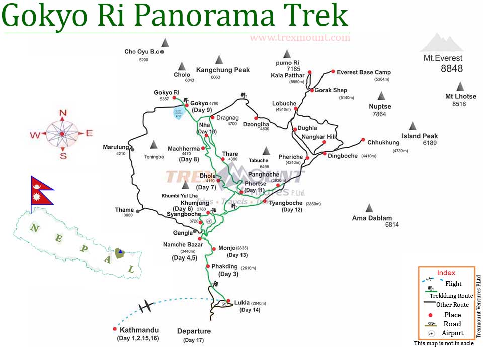 trip route map for Gokyo Ri Trek 