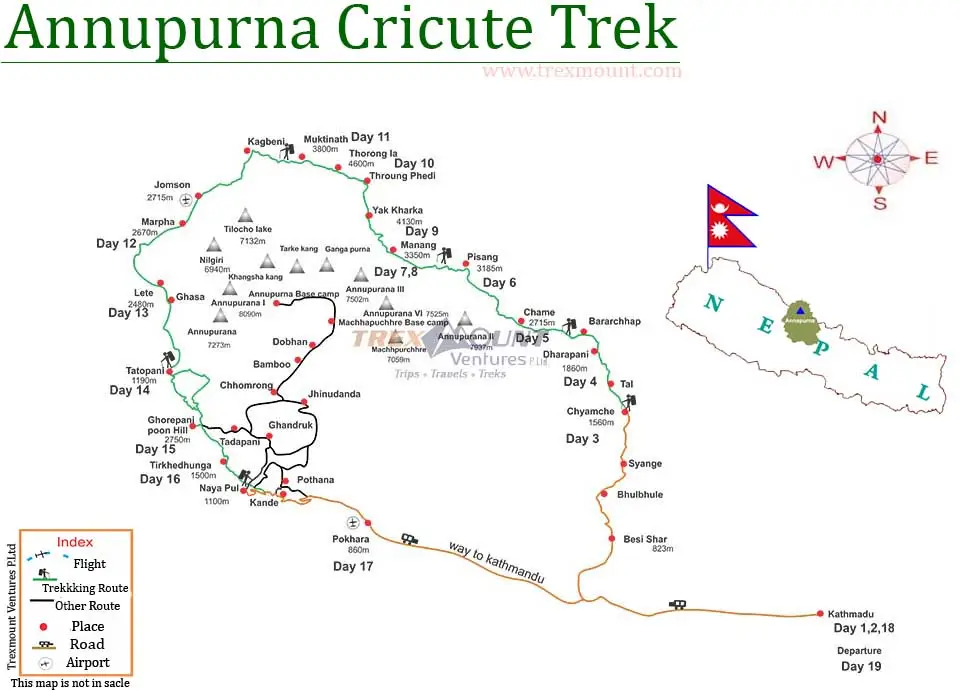 trip route map for Annapurna Circuit Trek 