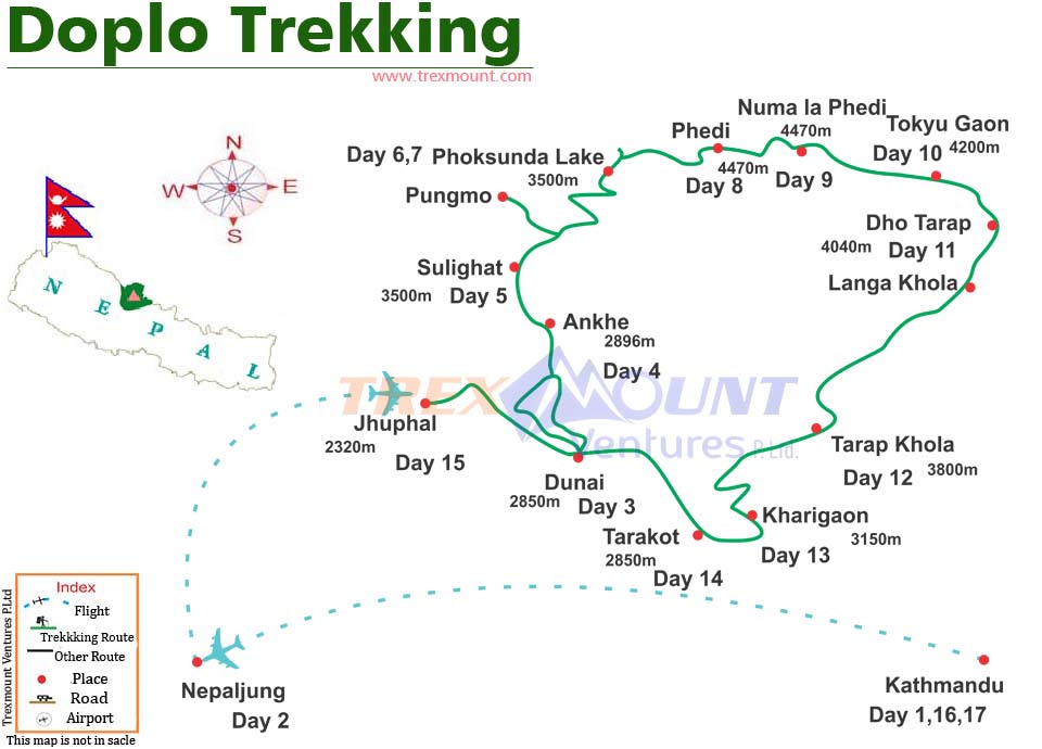 trip route map for Upper Dolpo Trekking 