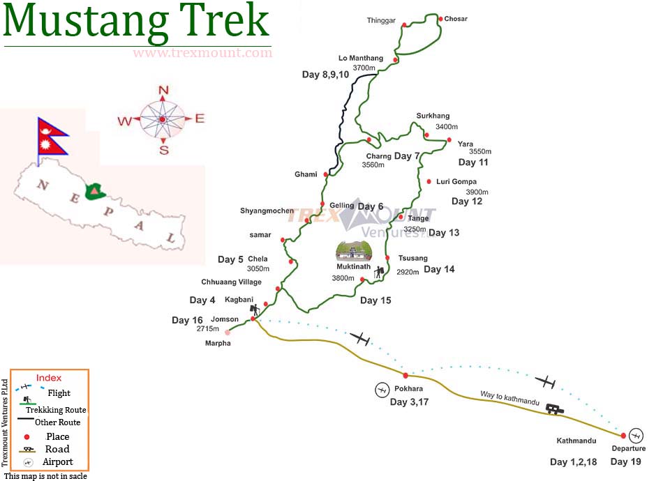 trip route map for Upper Mustang Trek Nepal 