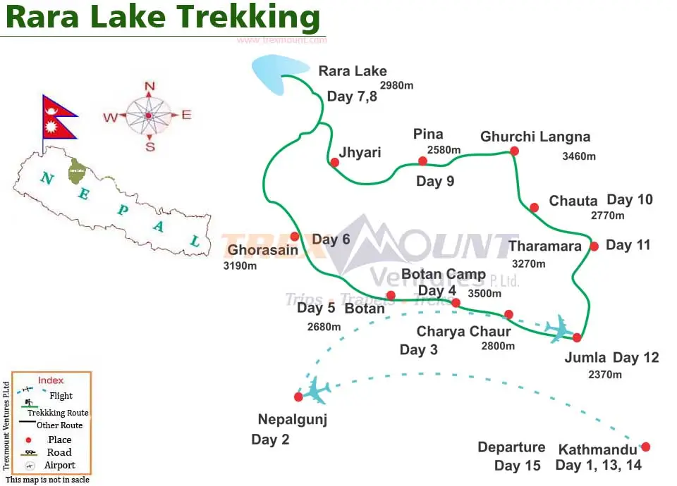 trip route map for Rara Lake Trek 