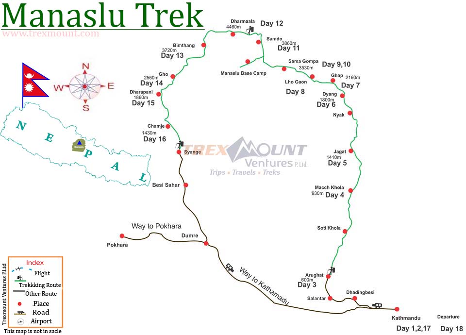 trip route map for Tsum Valley Trekking 