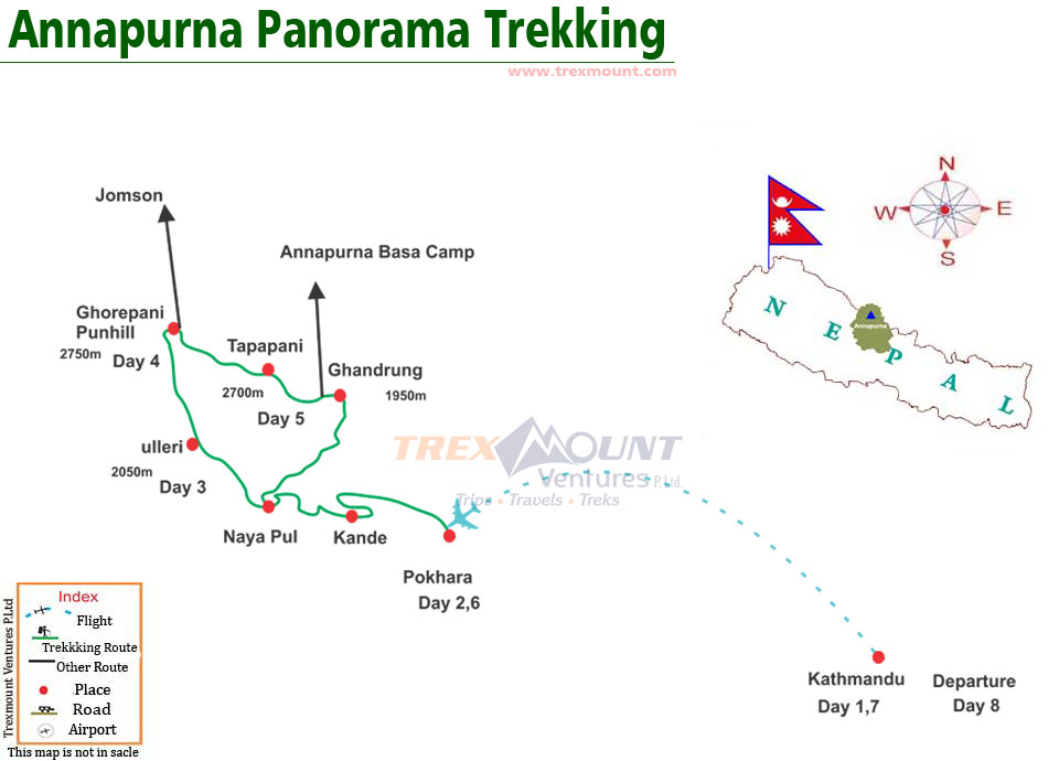 trip route map for Annapurna Panorama Trekking 