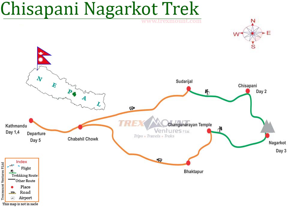 trip route map for Chisapani Nagarkot Trekking 