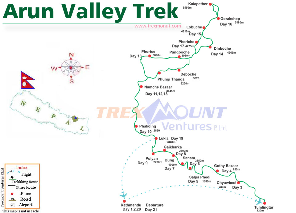trip route map for Arun Valley Nepal Trek 