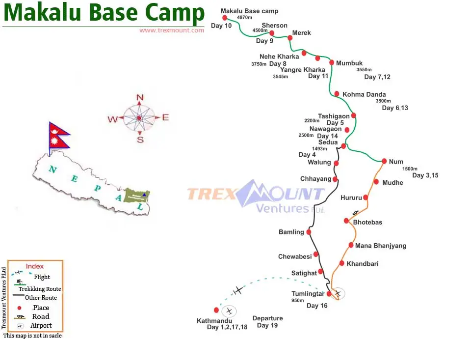 trip route map for Makalu Base Camp Trek 