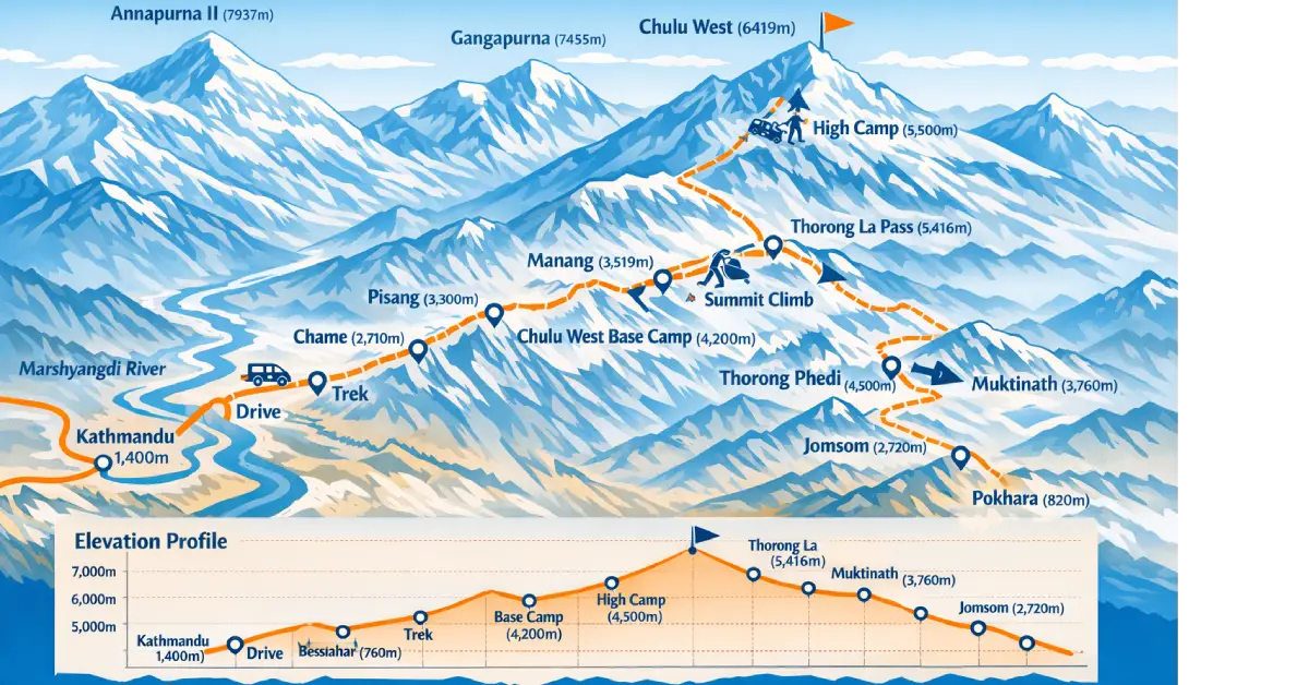 trip route map for Chulu West Peak Climbing 