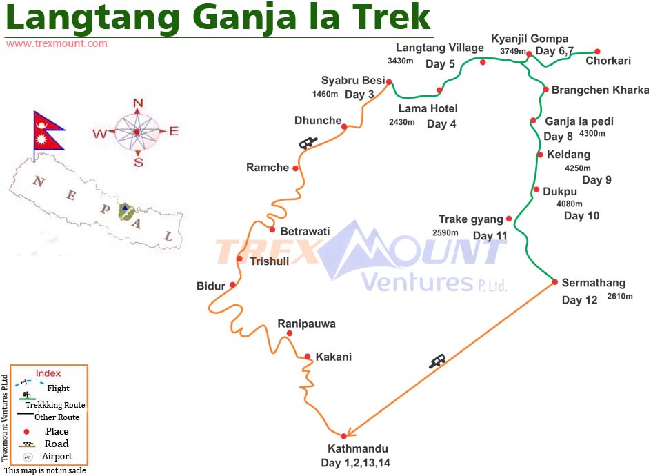 trip route map for Langtang Ganja La Trek 